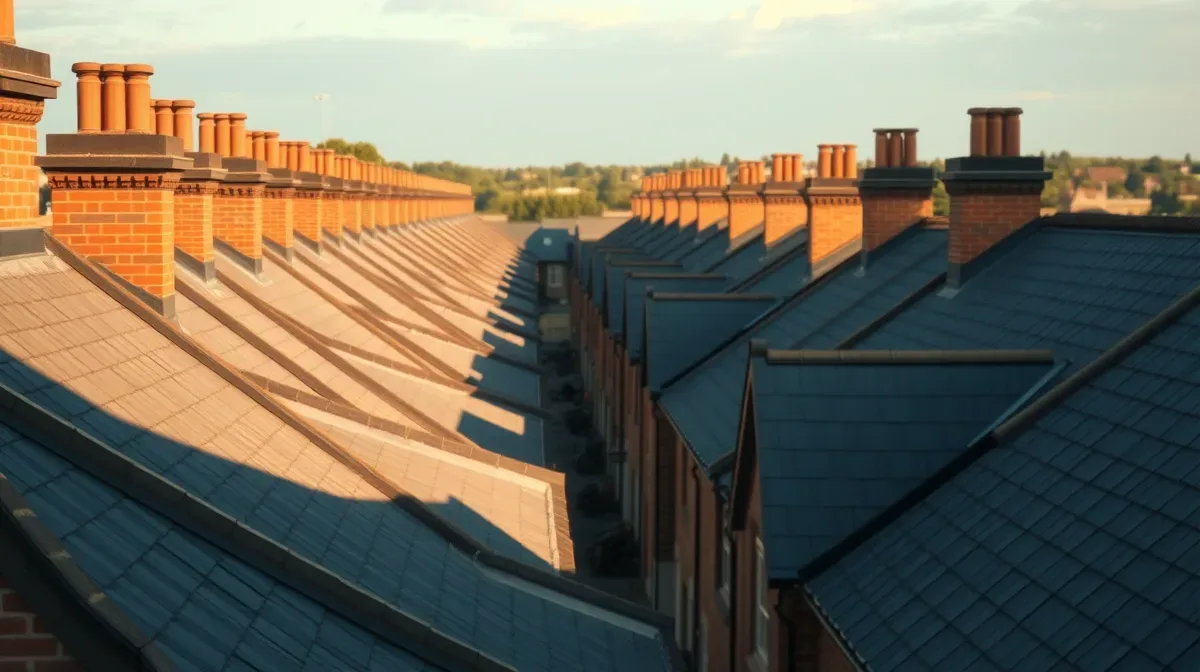 Slate rooftops and chimney stacks along a Victorian terraced street